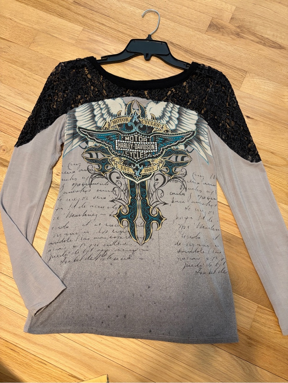 Harley-Davidson Gray Long Sleeve Lace Yoke Top with Teal Graphic